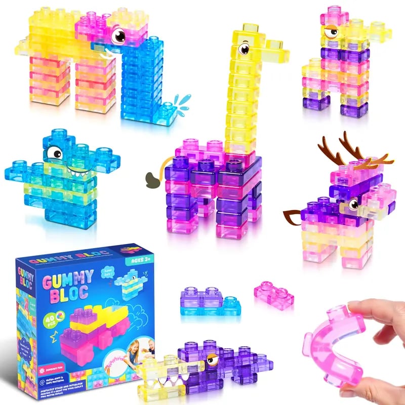 🧩GUMMY BLOC: 40-Piece Montessori Sensory Building Soft Blocks (BPA-Free & Non-Toxic Soft Silicone)