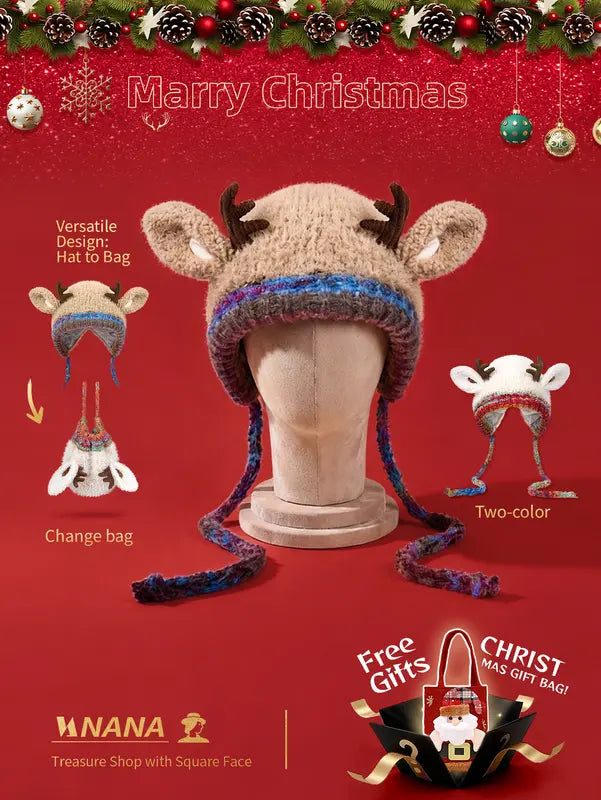 Festive Christmas Antler Knit Hat – Warm, Windproof & One Size Fits All