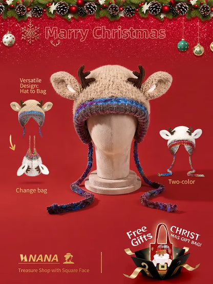 Festive Christmas Antler Knit Hat – Warm, Windproof & One Size Fits All