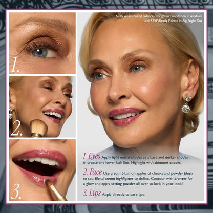 RSVP-Ready Big Night Out Full Face Palette with Eyeshadow, Cream Blush, Highlighter, Lip, Setting Powder, Bronzer, Mirror - Warm Neutrals