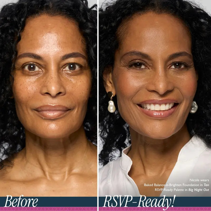 RSVP-Ready Big Night Out Full Face Palette with Eyeshadow, Cream Blush, Highlighter, Lip, Setting Powder, Bronzer, Mirror - Warm Neutrals