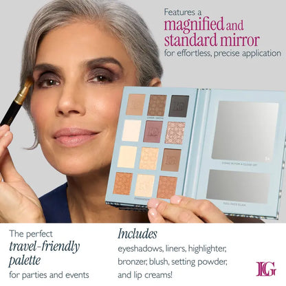 RSVP-Ready Big Night Out Full Face Palette with Eyeshadow, Cream Blush, Highlighter, Lip, Setting Powder, Bronzer, Mirror - Warm Neutrals