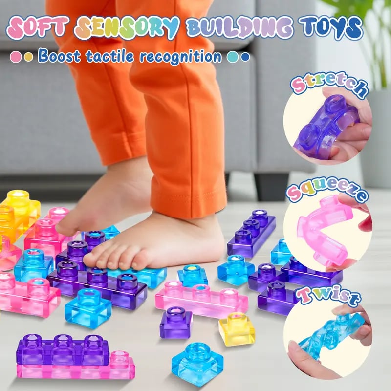 🧩GUMMY BLOC: 40-Piece Montessori Sensory Building Soft Blocks (BPA-Free & Non-Toxic Soft Silicone)