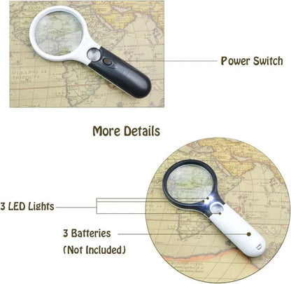 A 10x handheld 3-lamp LED magnifying glass for reading and magnifying jewelry
